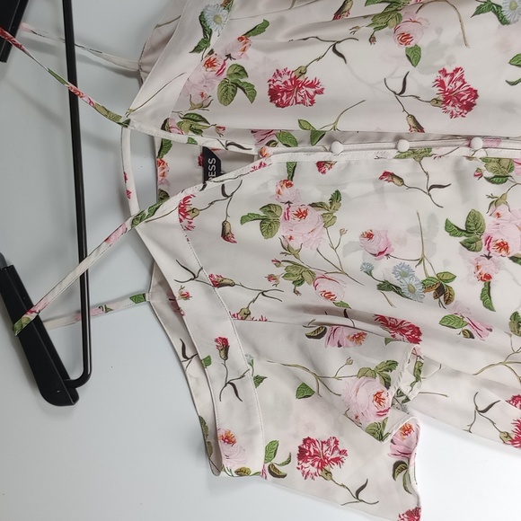 Express Floral Button Up Over the Shoulder Blouse Top White Pink & Green - Picture 2 of 9